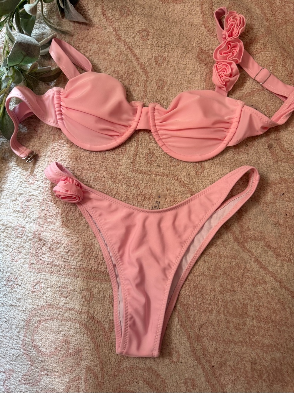 NEW Pink Ruffle Floral Bikini Set Y2K Coquette Ruched Underwire Top Medium
